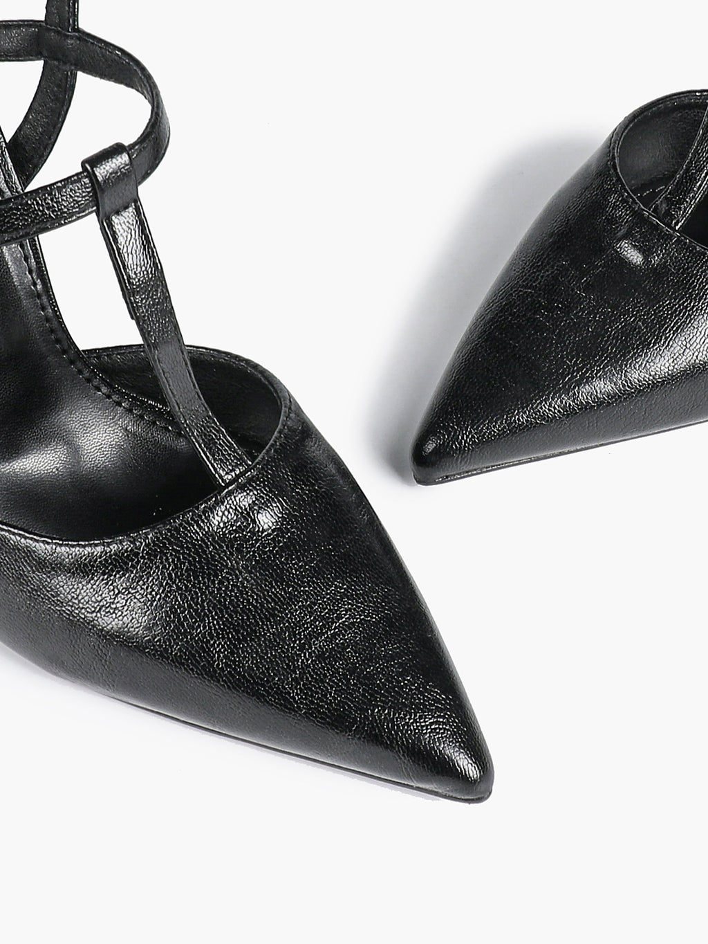 Black Textured Leather T-Strap Slingback Heeled Pumps Pointed Toe Stiletto Classic Pumps