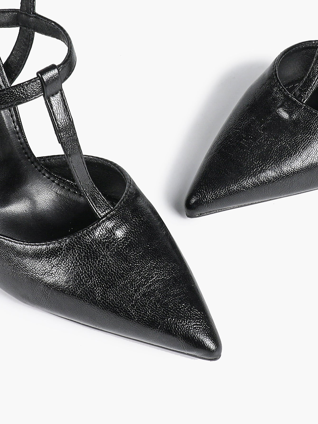 Black Textured Leather T-Strap Slingback Heeled Pumps Pointed Toe Stiletto Classic Pumps