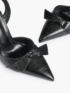 Black Leather Bow Slingback Heeled Pumps Pointed Toe Stiletto Office Evening Shoes