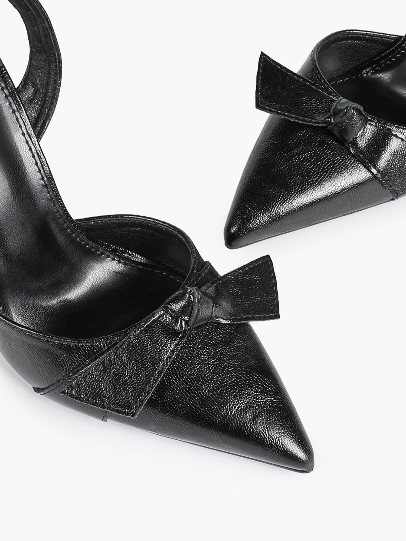 Black Leather Bow Slingback Heeled Pumps Pointed Toe Stiletto Office Evening Shoes