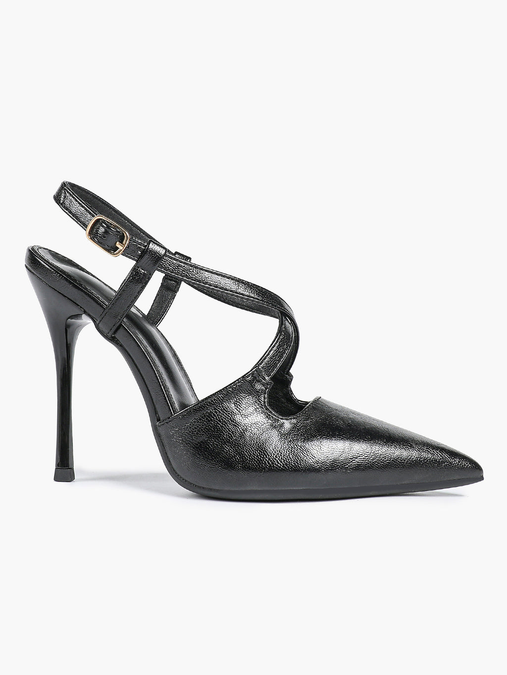 Women's Black Textured Leather Slingback Heeled Pumps Pointed Toe Stiletto Shoes Office Pumps