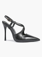 Women's Black Textured Leather Slingback Heeled Pumps Pointed Toe Stiletto Shoes Office Pumps