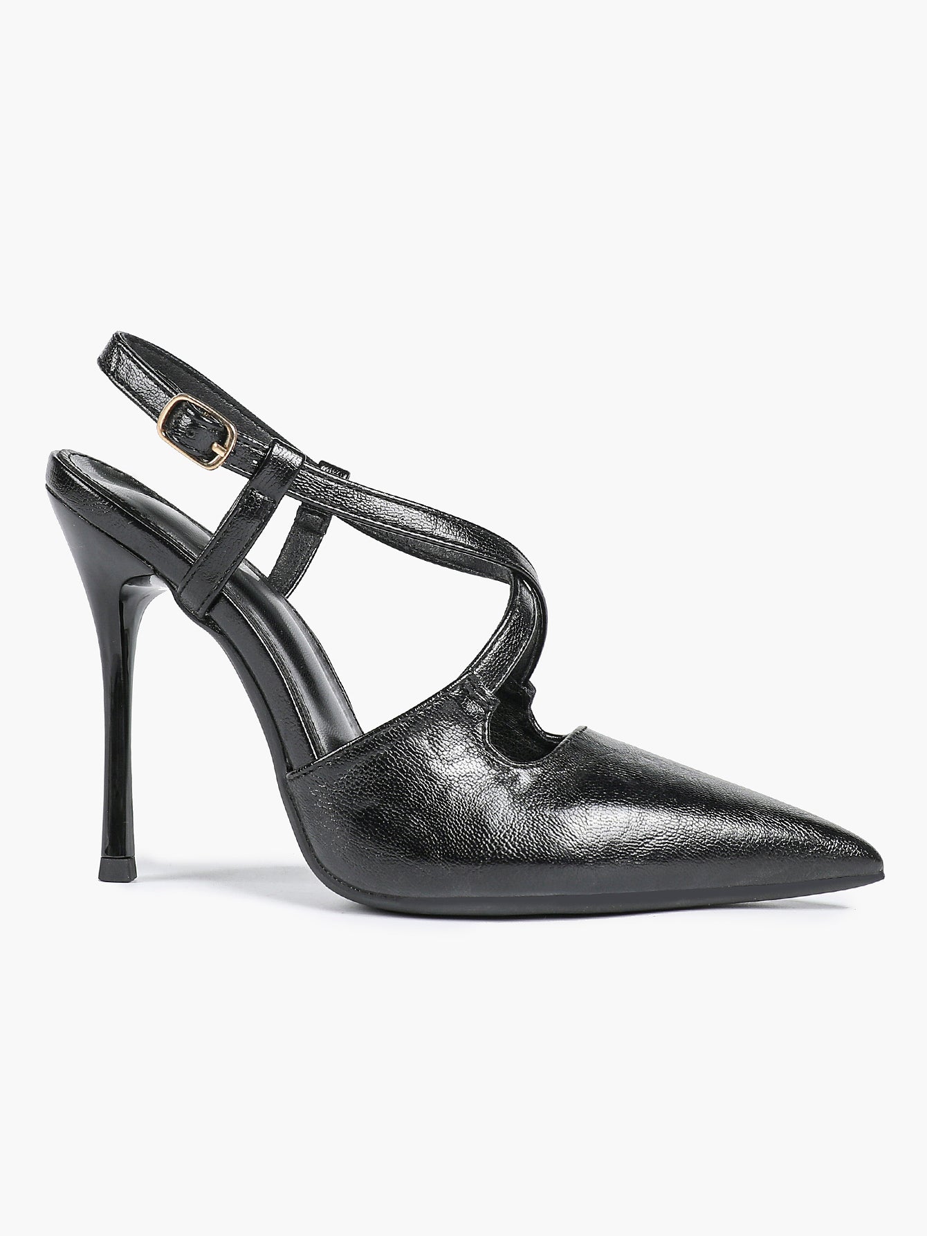 Women's Black Textured Leather Slingback Heeled Pumps Pointed Toe Stiletto Shoes Office Pumps