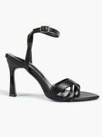 Women's Black Patent Leather Multi-Strap Ankle Strap Heeled Sandals - Summer Party Heels