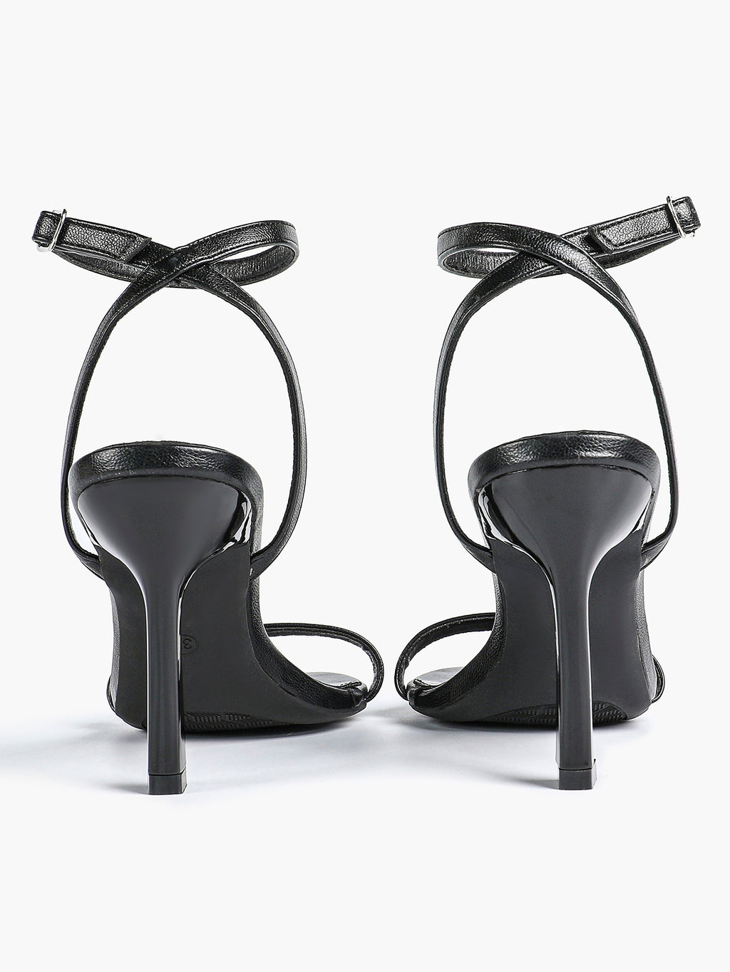 Black Leather Square Toe Ankle Strap High Heel Sandals