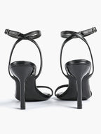 Black Leather Square Toe Ankle Strap High Heel Sandals