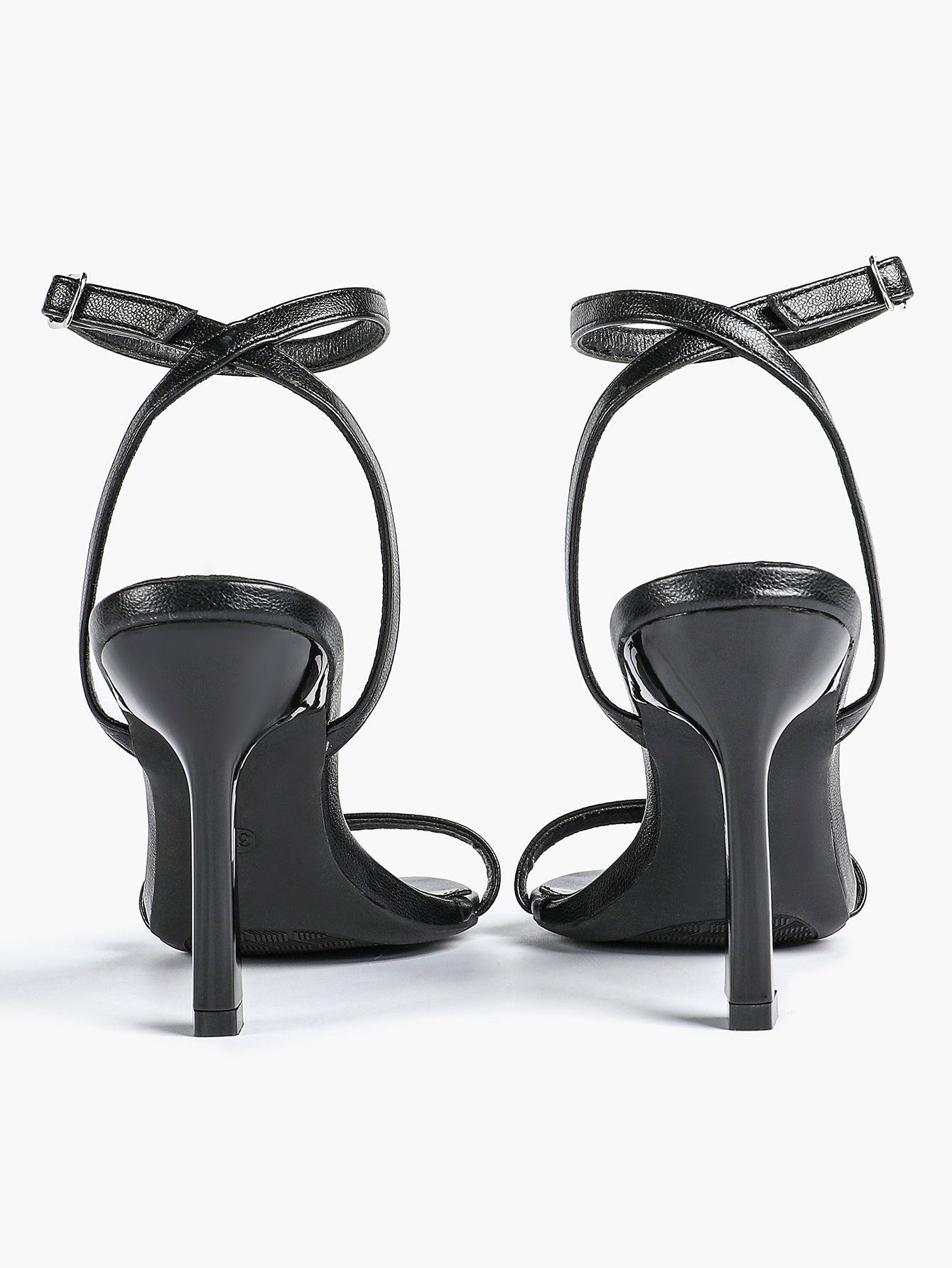 Black Leather Square Toe Ankle Strap High Heel Sandals
