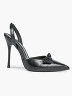 Black Leather Bow Slingback Heeled Pumps Pointed Toe Stiletto Office Evening Shoes