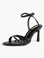 Women's Black Patent Leather Multi-Strap Ankle Strap Heeled Sandals - Summer Party Heels