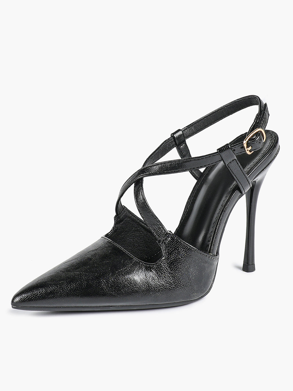 Women's Black Textured Leather Slingback Heeled Pumps Pointed Toe Stiletto Shoes Office Pumps