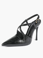 Women's Black Textured Leather Slingback Heeled Pumps Pointed Toe Stiletto Shoes Office Pumps