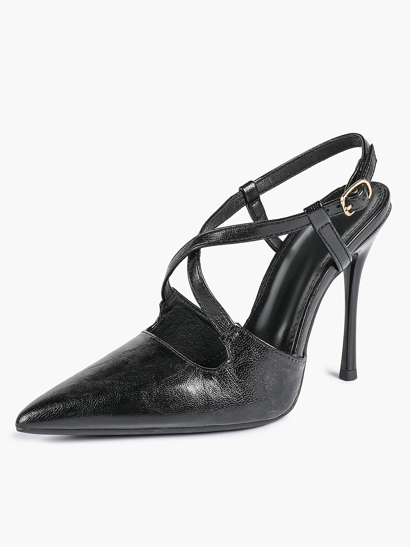 Women's Black Textured Leather Slingback Heeled Pumps Pointed Toe Stiletto Shoes Office Pumps