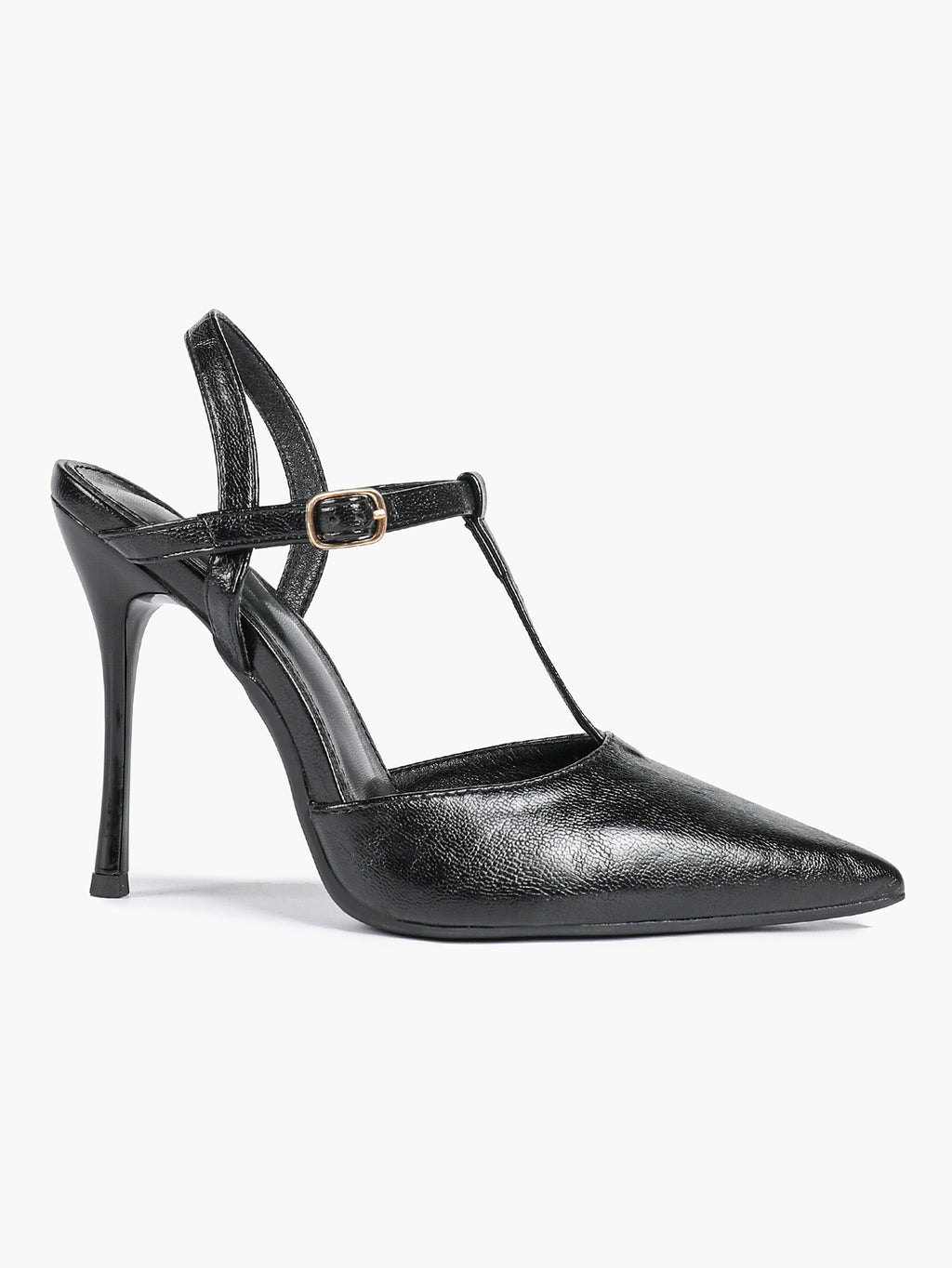 Black Textured Leather T-Strap Slingback Heeled Pumps Pointed Toe Stiletto Classic Pumps