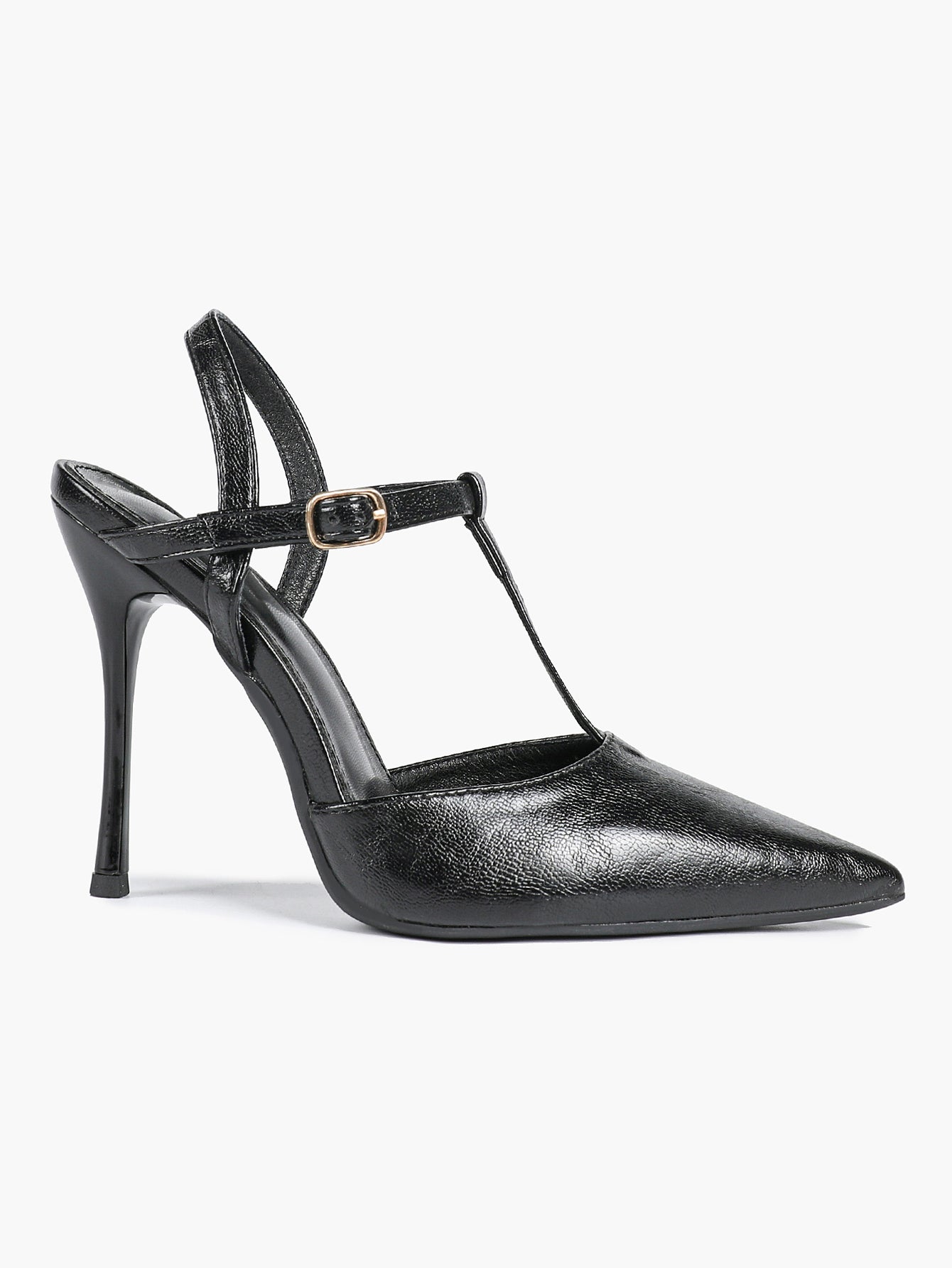 Black Textured Leather T-Strap Slingback Heeled Pumps Pointed Toe Stiletto Classic Pumps