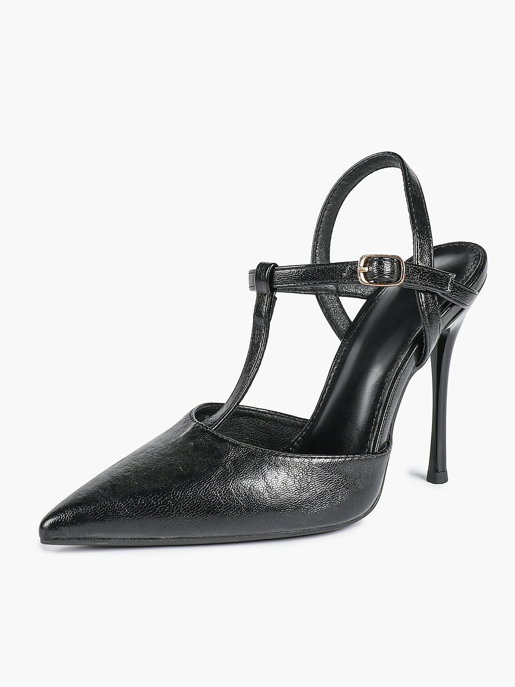 Black Textured Leather T-Strap Slingback Heeled Pumps Pointed Toe Stiletto Classic Pumps