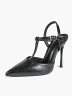 Black Textured Leather T-Strap Slingback Heeled Pumps Pointed Toe Stiletto Classic Pumps