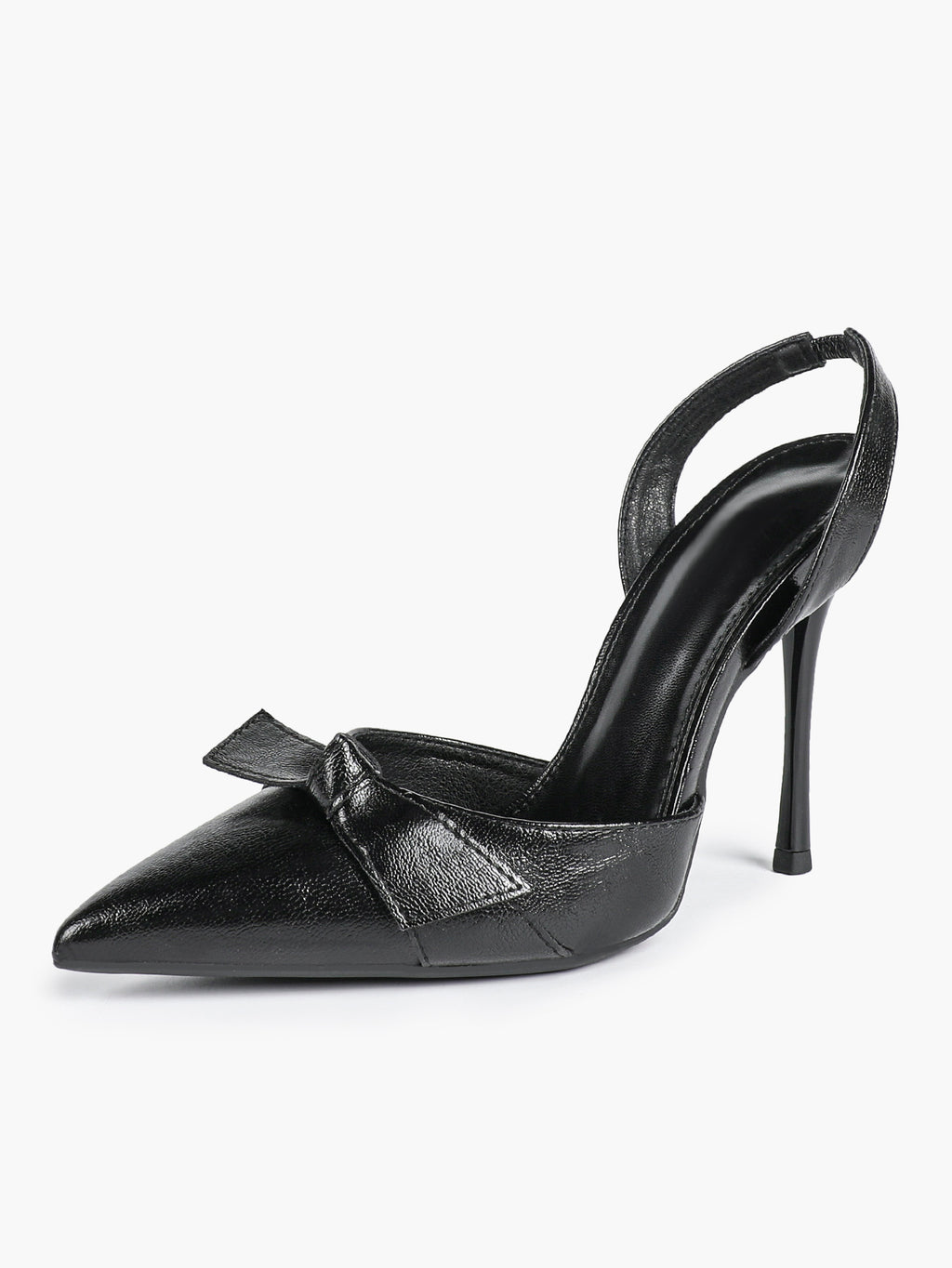 Black Leather Bow Slingback Heeled Pumps Pointed Toe Stiletto Office Evening Shoes