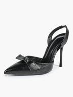 Black Leather Bow Slingback Heeled Pumps Pointed Toe Stiletto Office Evening Shoes
