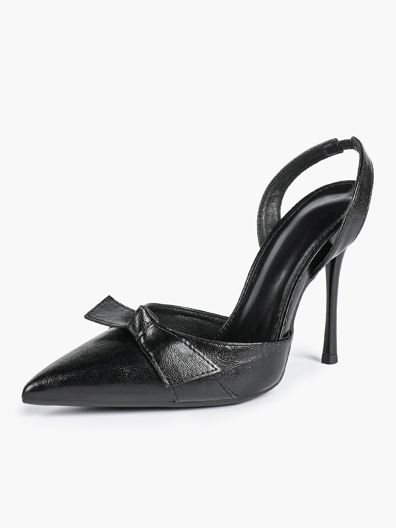 Black Leather Bow Slingback Heeled Pumps Pointed Toe Stiletto Office Evening Shoes