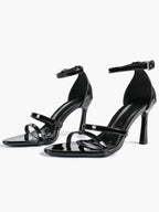 Black Leather Double Strap Heeled Sandals Open Toe - Casual Office Stiletto Pumps