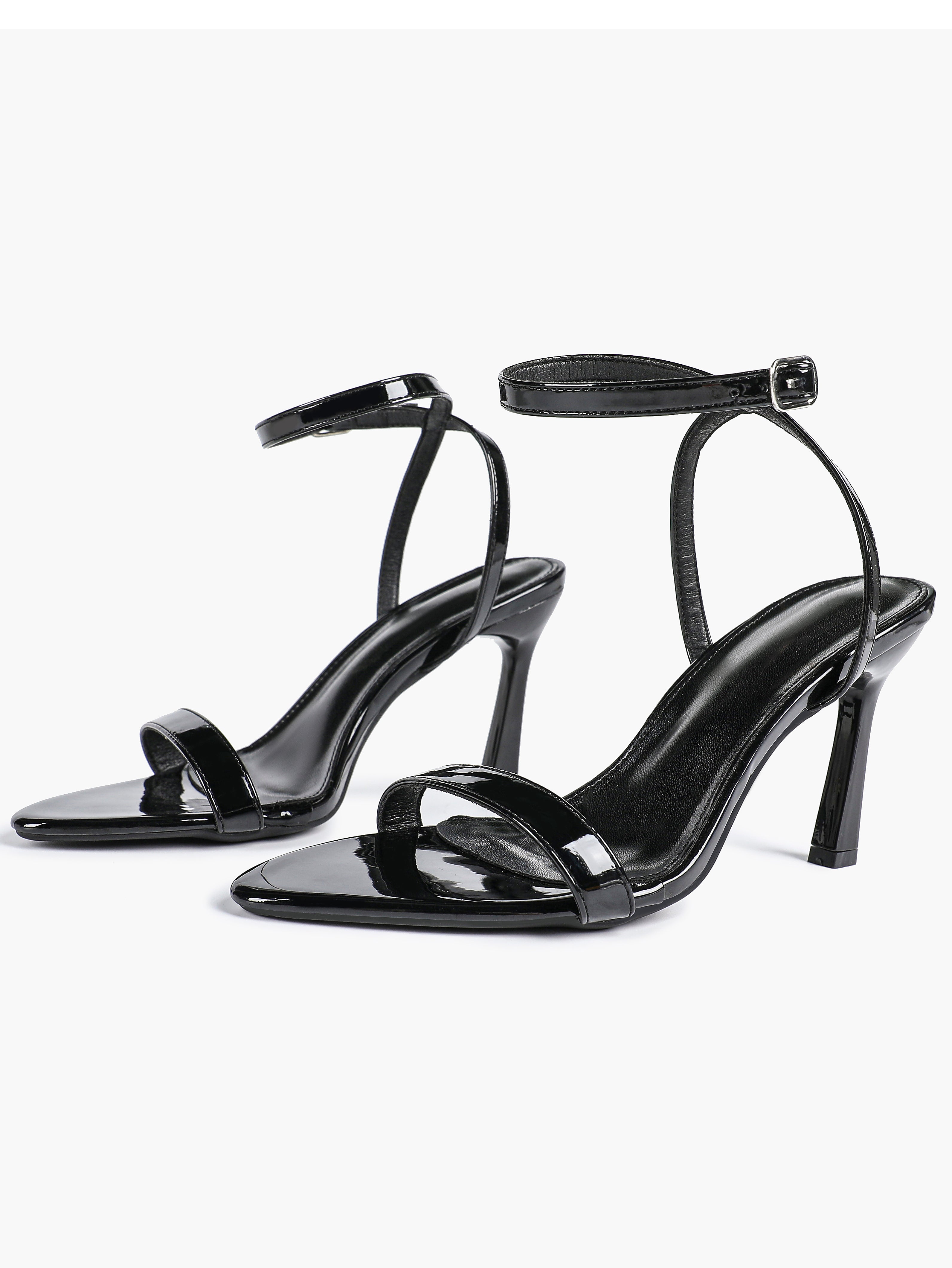 Black Leather Square Toe Ankle Strap High Heel Sandals