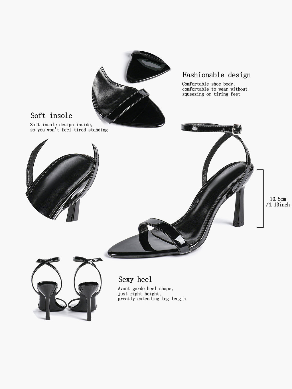 Black Leather Square Toe Ankle Strap High Heel Sandals