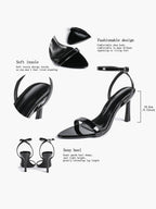 Black Leather Square Toe Ankle Strap High Heel Sandals