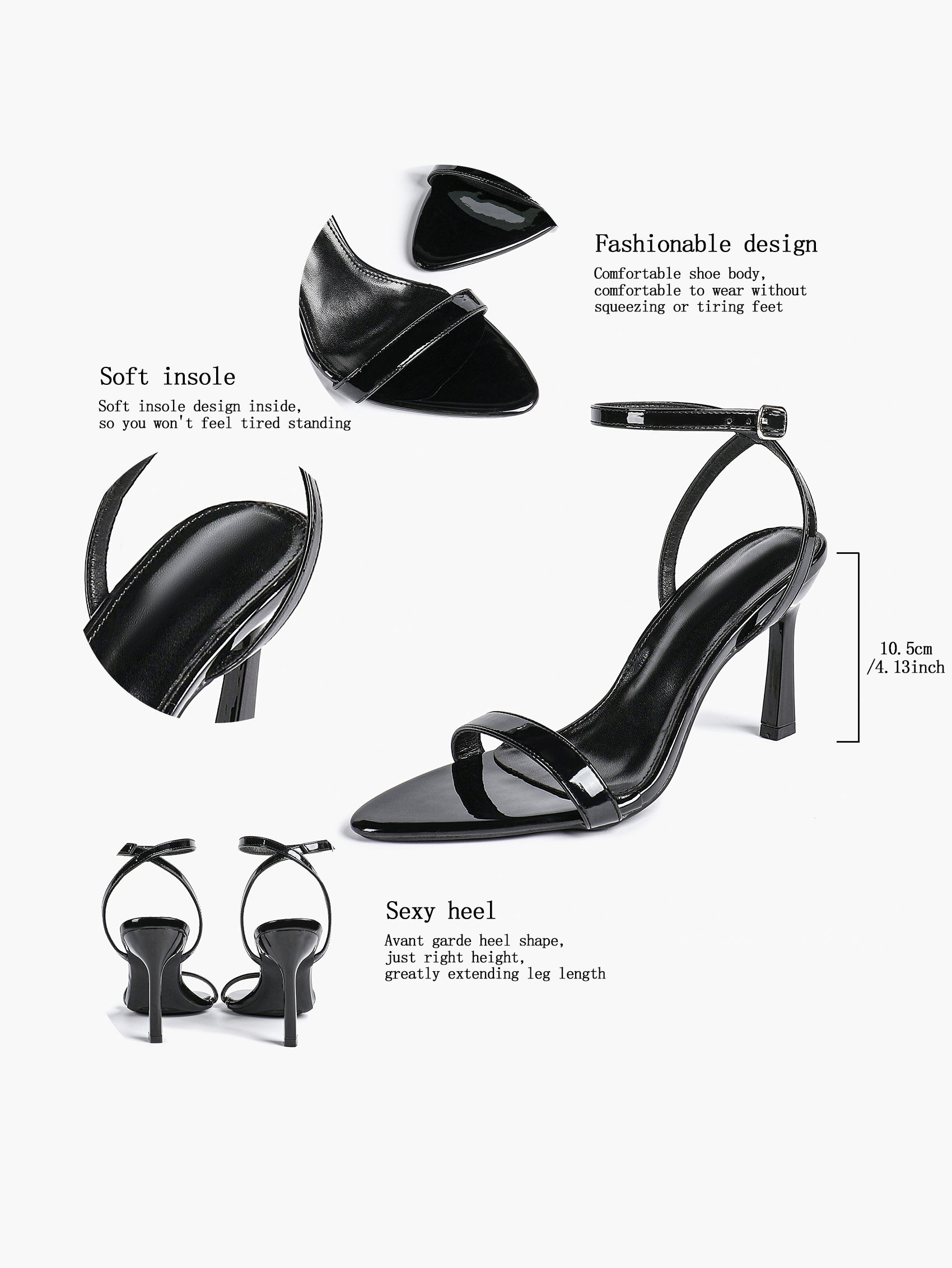 Black Leather Square Toe Ankle Strap High Heel Sandals