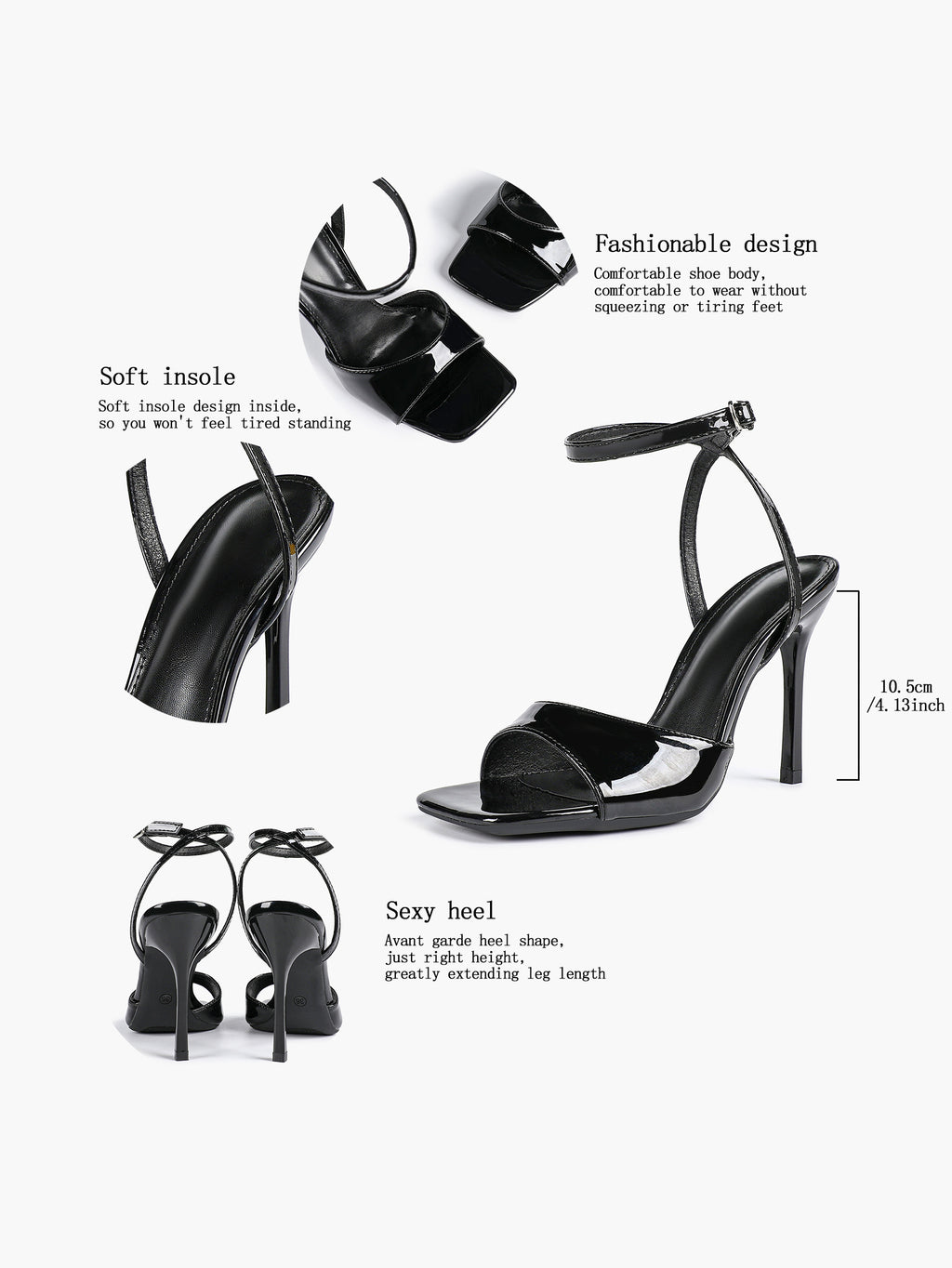 Women's Black Square Toe Ankle Strap Heeled Sandals Wedding Party Casual Shoes