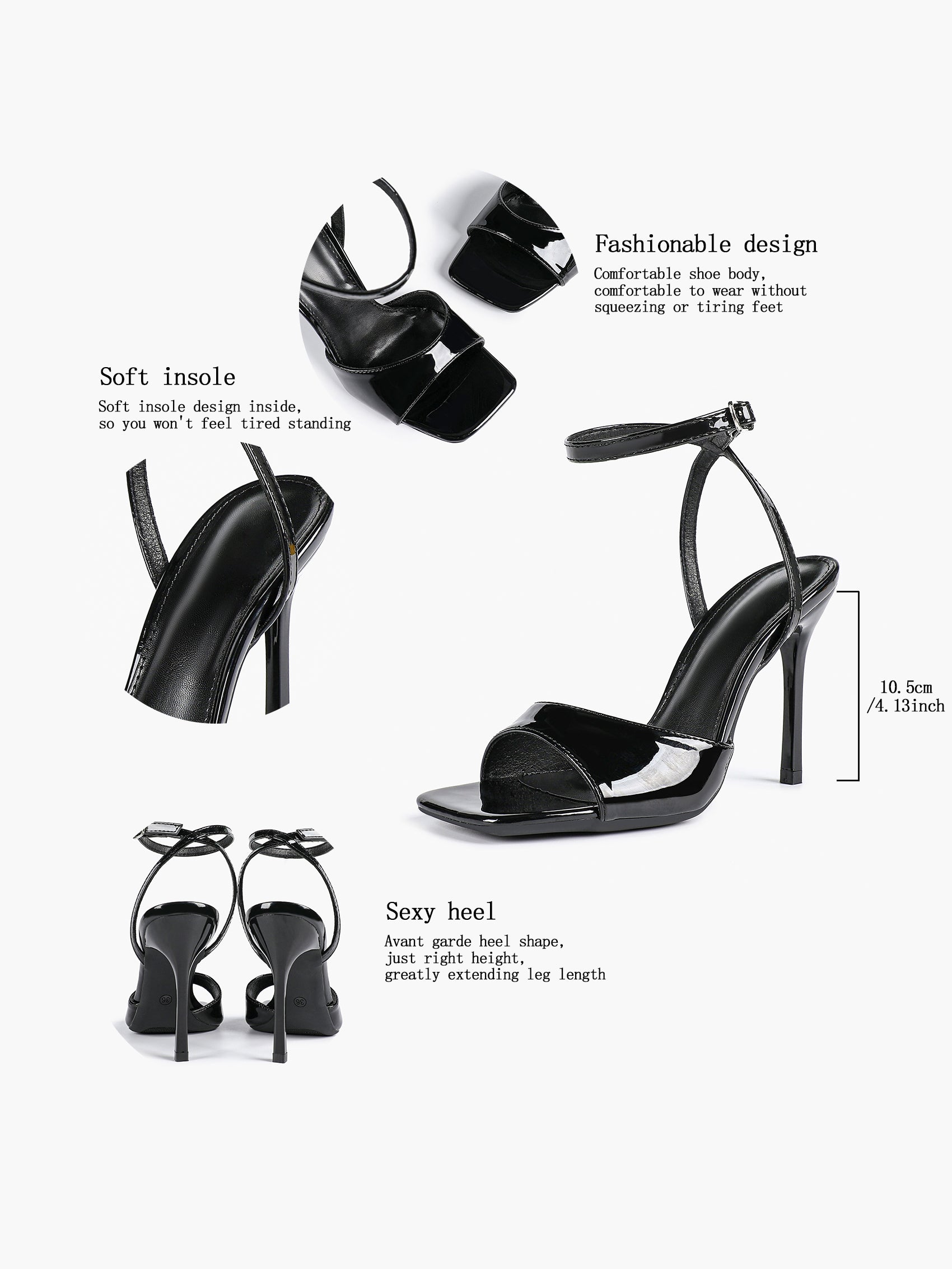 Women's Black Square Toe Ankle Strap Heeled Sandals Wedding Party Casual Shoes