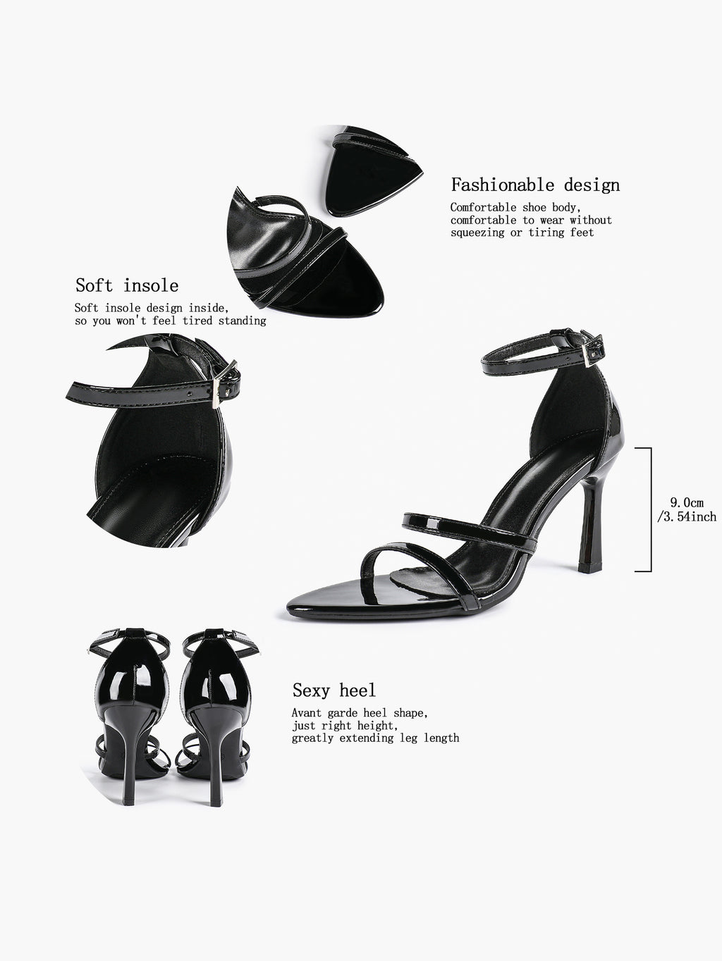 Black Leather Double Strap Heeled Sandals Open Toe - Casual Office Stiletto Pumps