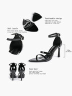 Black Leather Double Strap Heeled Sandals Open Toe - Casual Office Stiletto Pumps