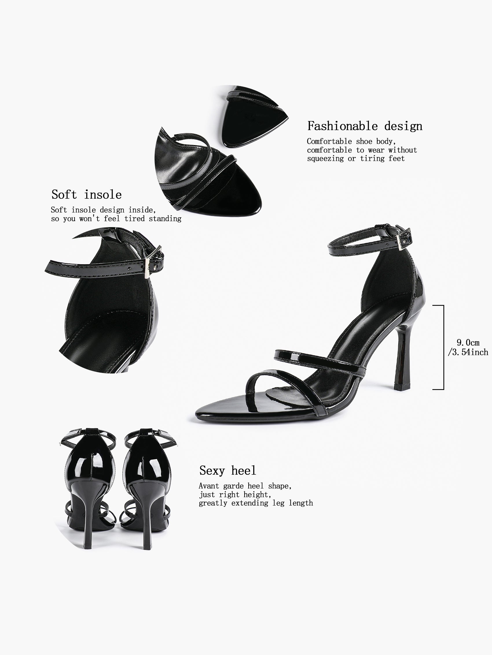 Black Leather Double Strap Heeled Sandals Open Toe - Casual Office Stiletto Pumps
