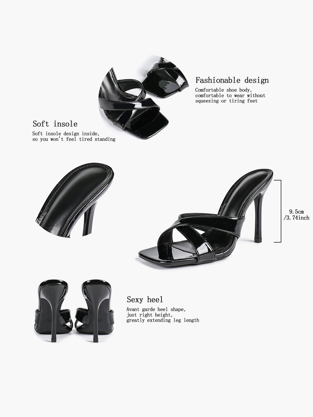 Women's Patent Leather Crisscross Strap High Heel Mules Square Toe Slip-On Stiletto Sandals