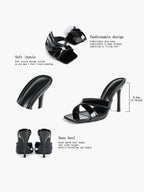 Women's Patent Leather Crisscross Strap High Heel Mules Square Toe Slip-On Stiletto Sandals