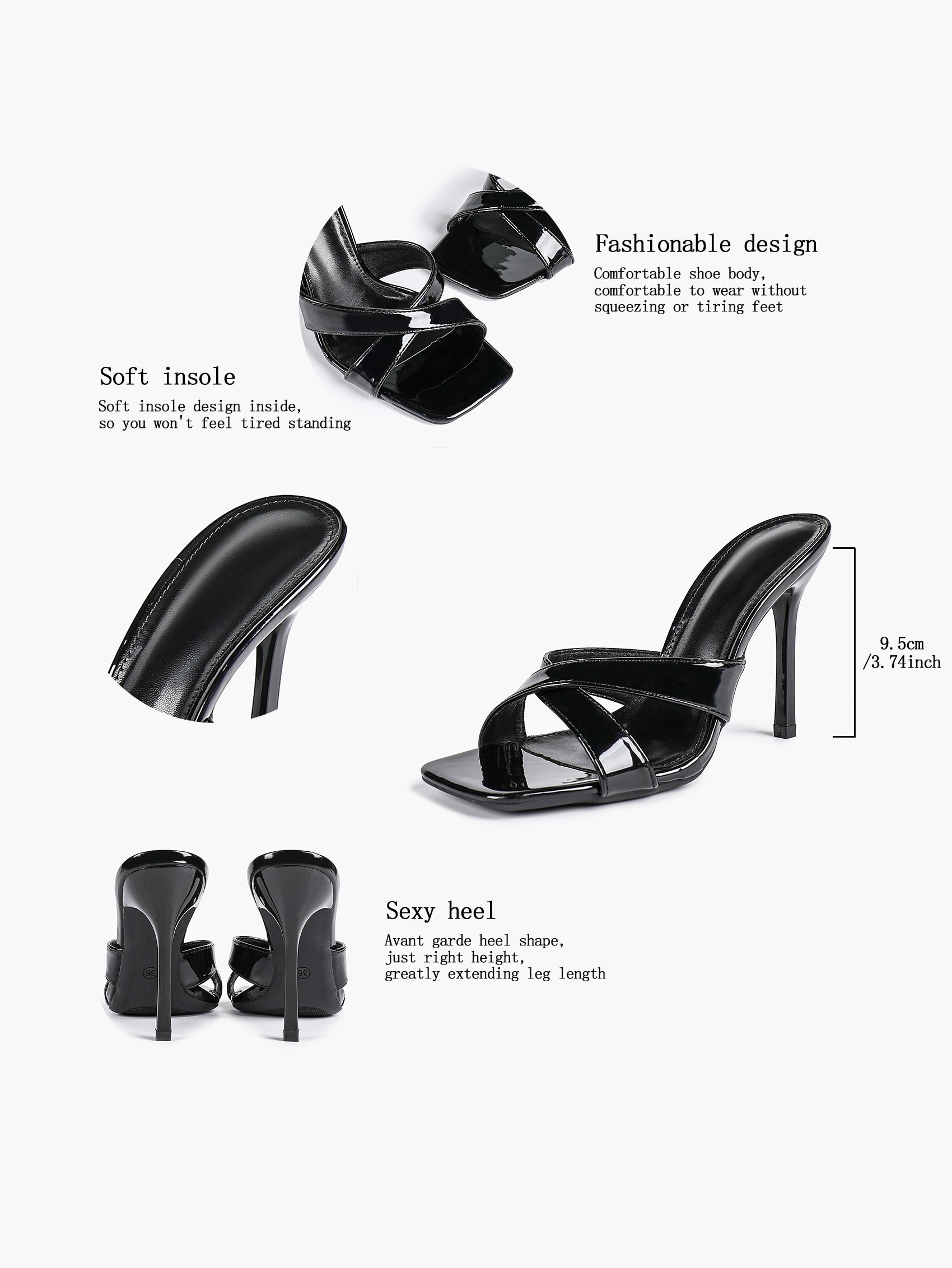 Women's Patent Leather Crisscross Strap High Heel Mules Square Toe Slip-On Stiletto Sandals