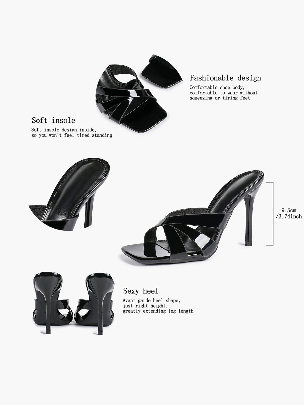Patent Leather Crisscross Strap High Heel Mules Square Toe Slip-On Daily Wear
