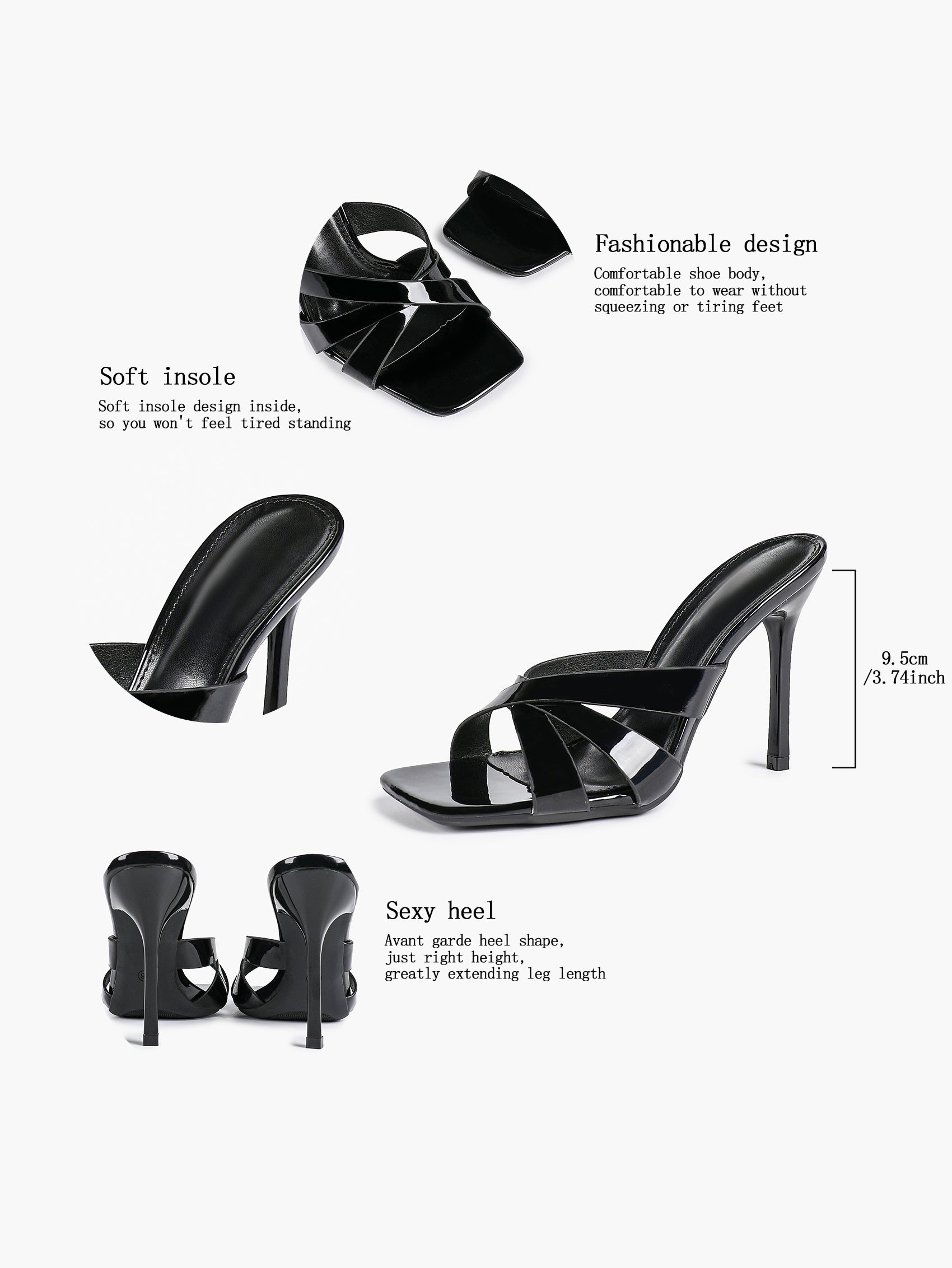 Patent Leather Crisscross Strap High Heel Mules Square Toe Slip-On Daily Wear