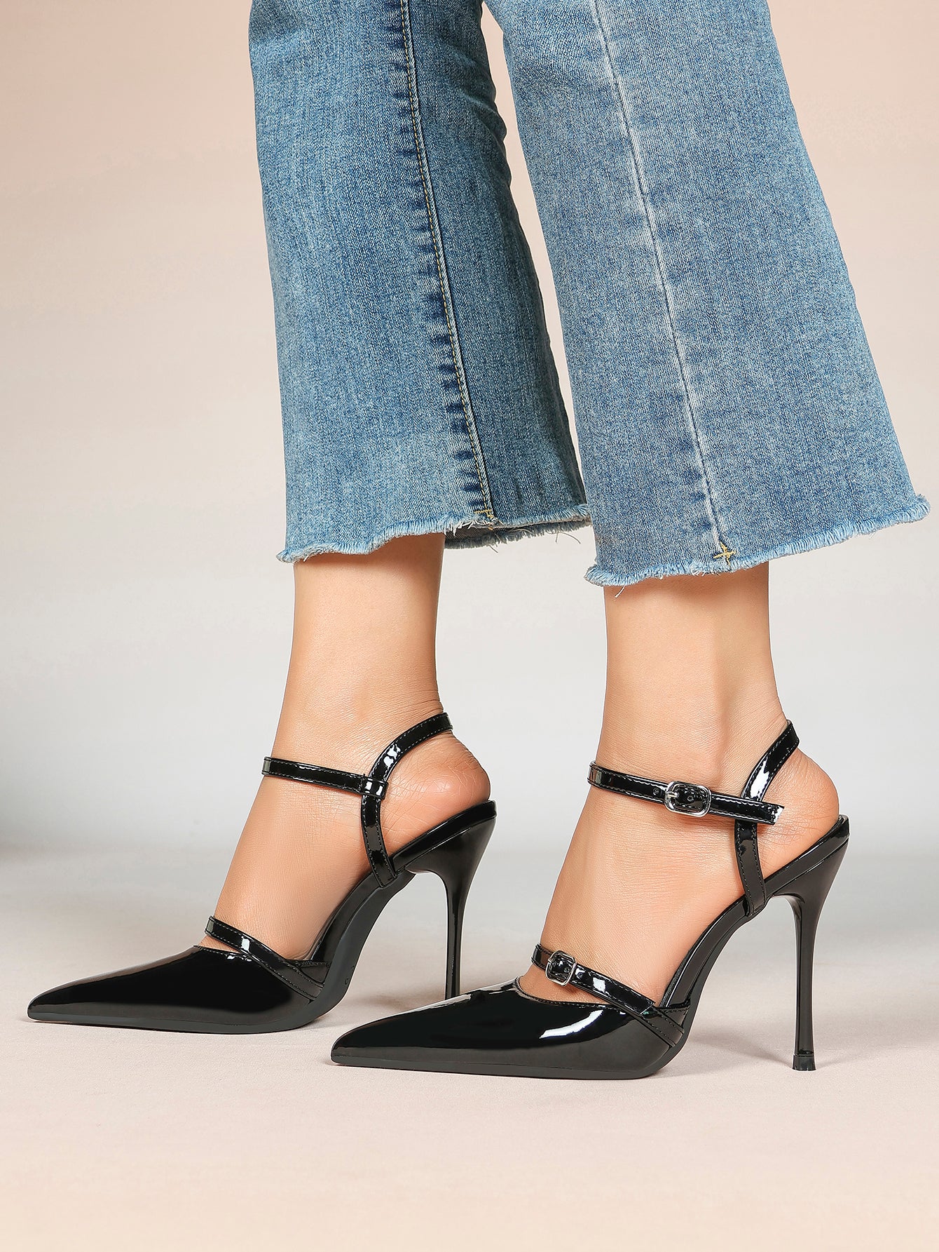 Double Strap Slingback Pointed Toe Stiletto Heels - Mary Jane Style Pumps