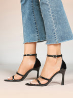 Black Leather Double Strap Heeled Sandals Open Toe - Casual Office Stiletto Pumps