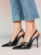 Leather Multi Buckle Slingback Pointed Toe Stiletto Heels-Elegant Dress Shoes