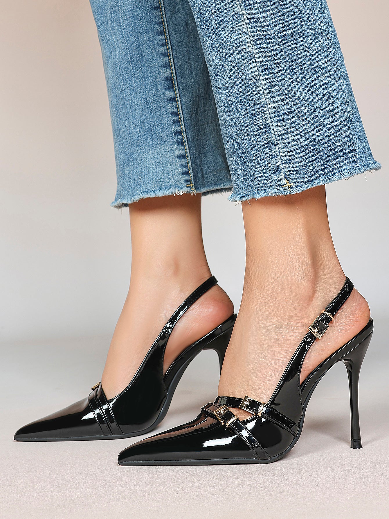 Leather Multi Buckle Slingback Pointed Toe Stiletto Heels-Elegant Dress Shoes