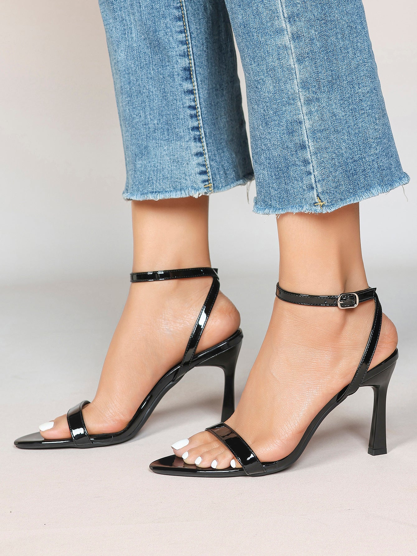 Black Leather Square Toe Ankle Strap High Heel Sandals