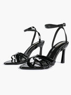 Women's Black Patent Leather Multi-Strap Ankle Strap Heeled Sandals - Summer Party Heels