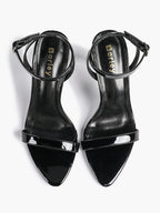 Black Leather Square Toe Ankle Strap High Heel Sandals