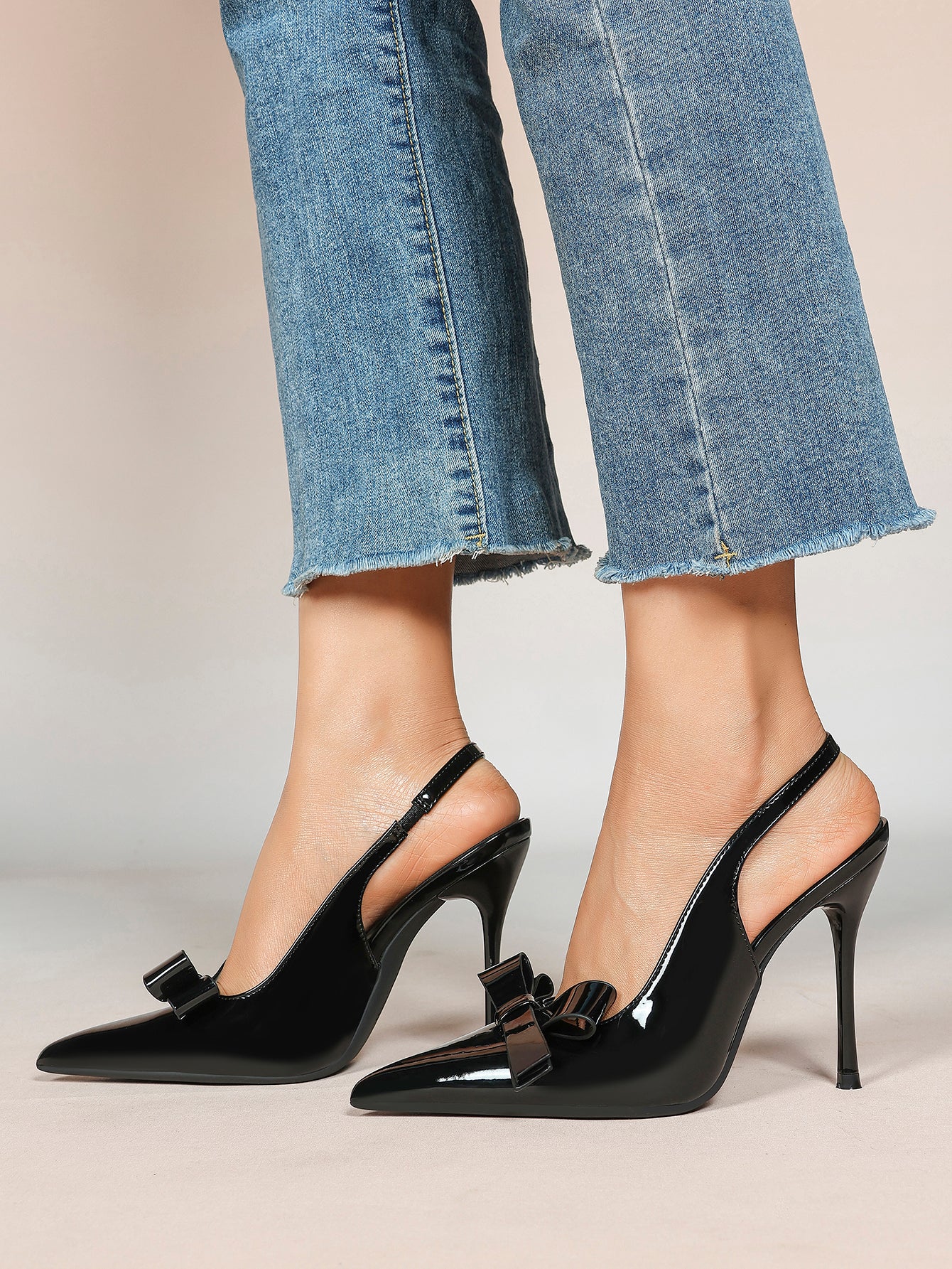 Pointed Toe Bow Detail Slingback Heels - Office Formal Evening Pumps