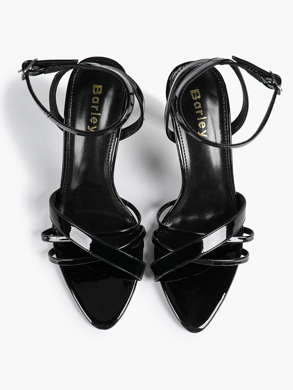 Women's Black Patent Leather Multi-Strap Ankle Strap Heeled Sandals - Summer Party Heels