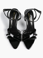 Women's Black Patent Leather Multi-Strap Ankle Strap Heeled Sandals - Summer Party Heels