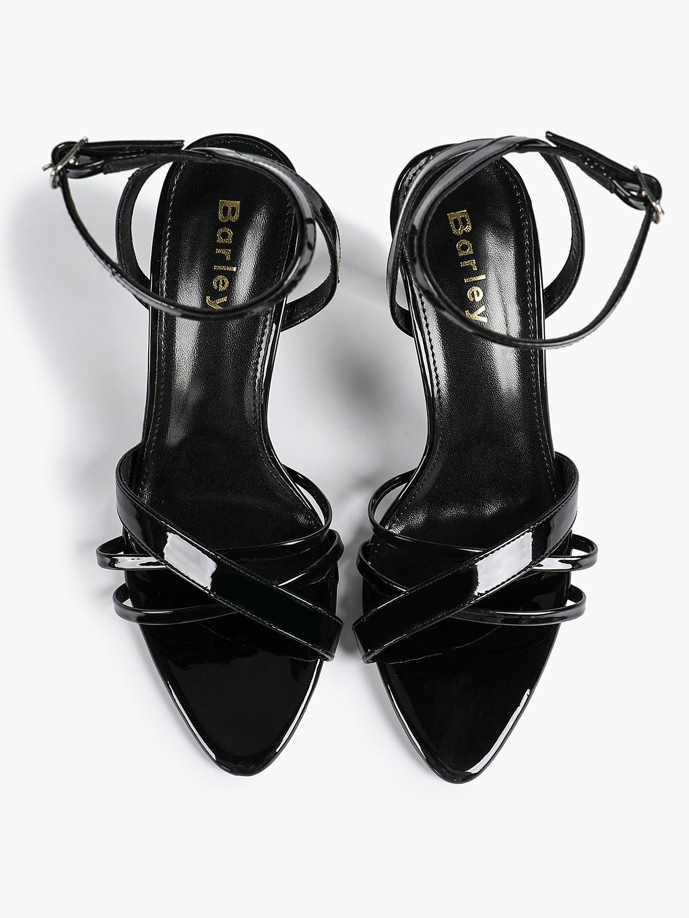 Women's Black Patent Leather Multi-Strap Ankle Strap Heeled Sandals - Summer Party Heels