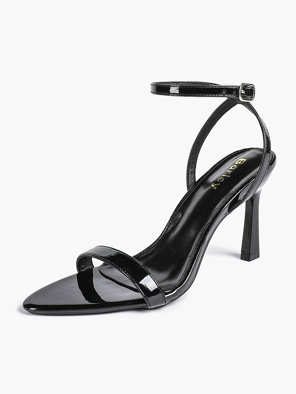 Black Leather Square Toe Ankle Strap High Heel Sandals